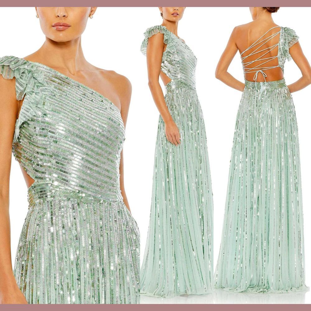 NWT $598 Mac Duggal [ 8 ] 5565 Sequined One Shoulder A Line Gown Pistachio Green